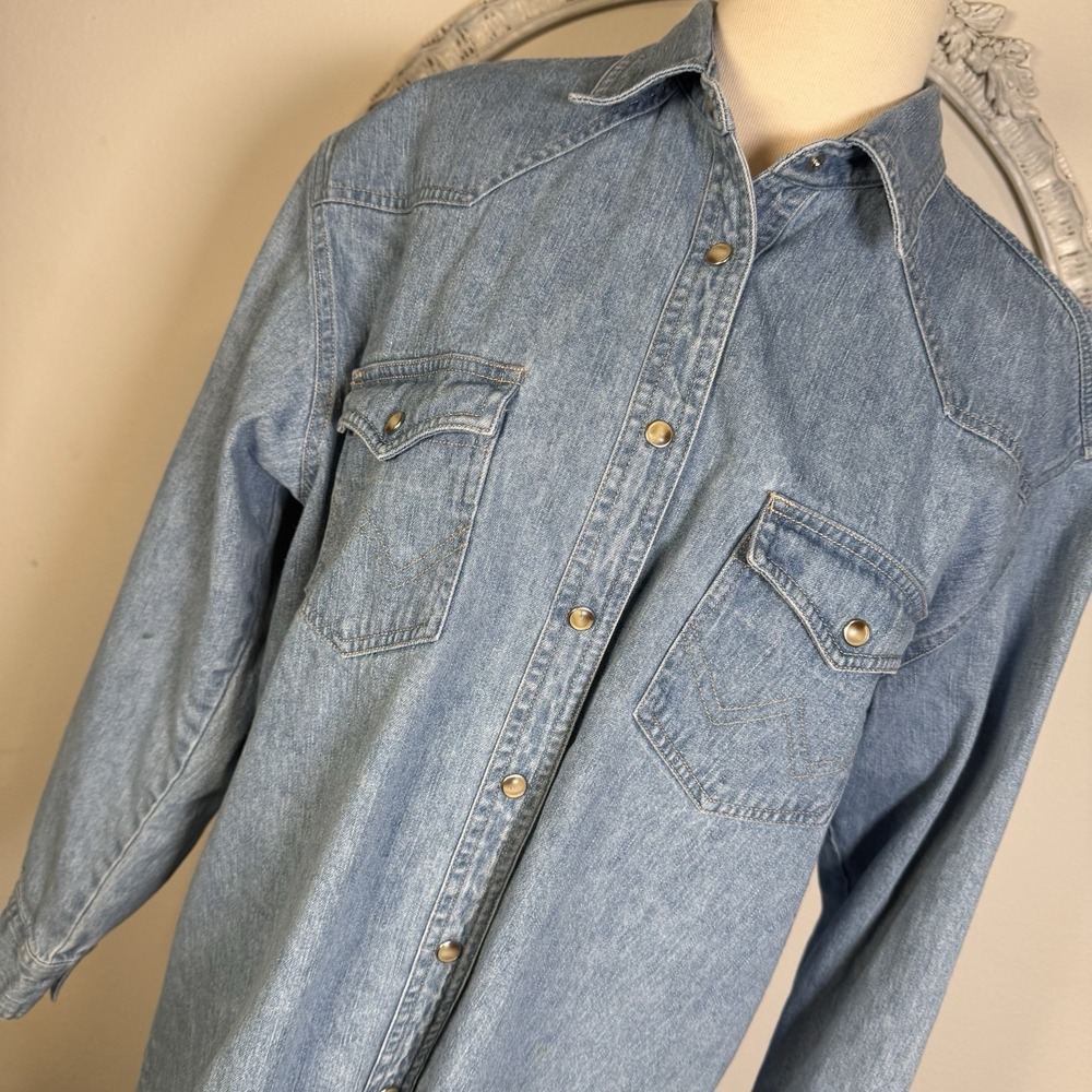 Wrangler Retro Denim Shirt Womens XL Pearl Snap Blue Western Long Sleeve Cowgirl